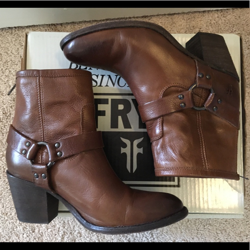 Frye Tabitha Harness Short Boots in Cognac - 10